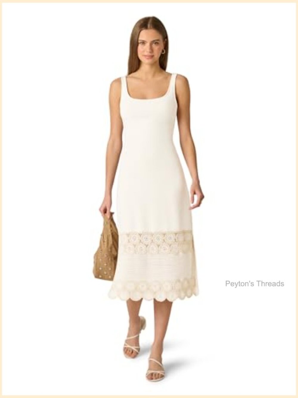 Crochet Trim Sheath Midi Dress Sleeveless Square Neck Pull On - Picture 3 of 6